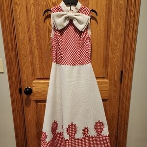 Womens Red and White Sleeveless Long Dress with Bow Costume Historical Western